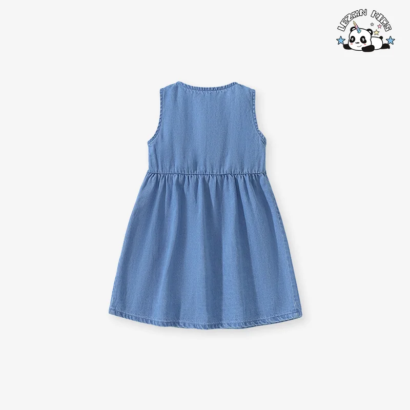 LEZONKIDS - Customizable Denim Frocks Girls 2-14 Years O-Neck Western Style Unicorn Print Button Decoration Girls Dress